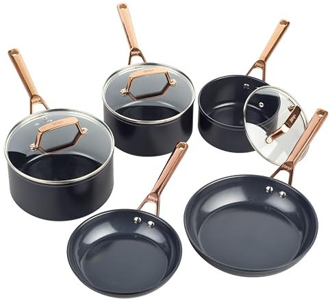 Ninja Extended Life 5-Piece Ceramic Cookware Set (20 & 24cm Frying Pans + 16, 18 & 20cm Saucepans & Lids), Non-Stick (No PFAs, PFOAs, Lead or Cadmium), Oven Safe to 285°C, Black & Copper,