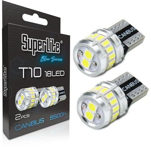 Superlite Set di 2 lampadine T10 a 18 Leds della gamma Blue Series. Tecnologia CanBus e temperatura di colore 6500K. Ideale per auto e camion.