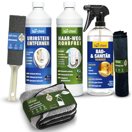 Bio-Chem - Nettoyants pour salle de bain avec accessoires - Déboucheur de canalisation 1L - Décapant urine et calcaire 1L - Produit surfaces de salle de bain 750ml - Profi Set 6 produits