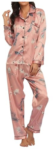 Conjunto de Pijama Seda Mujer, Pijama Saten, Pijamas Raso Invierno Largo para Mujer con Botones, Ropa de Dormir de Dos Piezas Traje de Casa Camisero de Manga Larga Y Pantalon