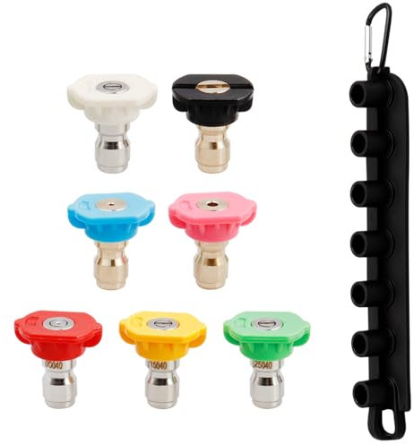 Mesee 7 Pieces Pressure Washer Spray Nozzle Tip Set Universal 1/4 Inch Quick Connect Pressure Nozzles Tips Multiple Degrees Water Washer Tips Attachment with Nozzle Holder for Home Car Deck Cleaning