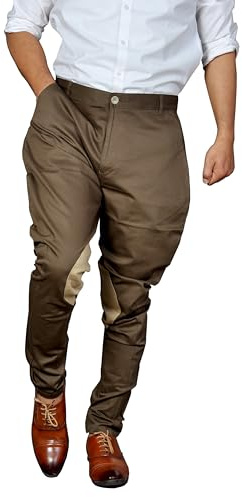 Cotton Lycra Stretch Airship Jodhpurs Contrasting Breeches Kneepatch Polo Pants Victorian Cosplay Costume Equestrian Horse Riding Renaissance Viking Euroweave Trouser (Khaki & Tan | Size: 34)