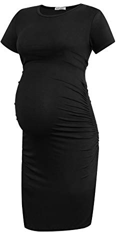 Smallshow Women's Short Sleeve Maternity Dress Ruched Pregnancy Clothes,Black,L