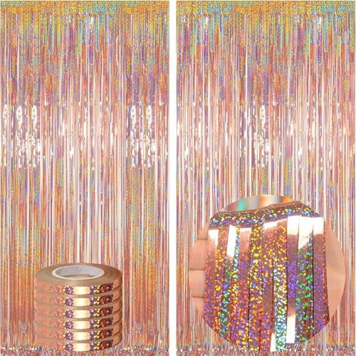 wenweo Lametta Vorhang Rosegold 2.5x1m (2 Stück), Glitzervorhang Lametta ideal für Silvester, Karneval, Fasching, Hochzeit Deko, Partydekorationen und alle Arten von festlichen Dekorationen