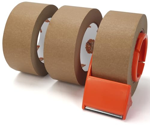 TAPEBEAR Eco-Friendly Kraft Paper Tape with Dispenser, Biodegradable | Heavy Duty Packing Tape 5cm*50m, Recyclable Packaging Tape Self Adhesive Box Tape for Shipping, Sealing, Moving, 3Rolls