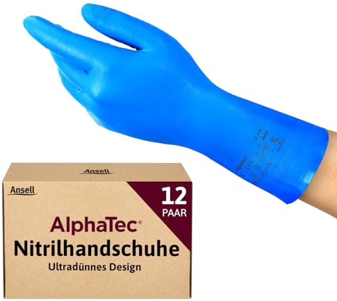 Ansell AlphaTec 37-310 Guantes de Nitrilo Reutilizables, Protección Química y Seguridad Alimentaria, Guantes de Trabajo Multiusos, Cocina y Limpieza del Hogar, Azul, Talla 2XL (12 Pares)