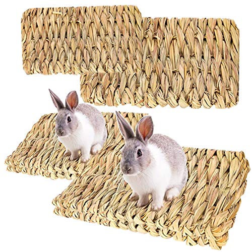RoadLoo Kleine Haustier-Grasmatte, 4 Stück Natürliche Grasmatten Kleintier Sicher Essbares Grasmatte Gras Spielzeug Gewebte Tier-Kauspielzeug für Kaninchen Ratte Papageien Meerschweinchen Frettchen