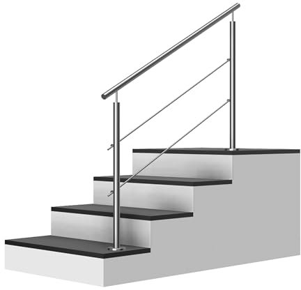 Edelstahl Treppengeländer/Außengeländer, 1,3m lang, 0,9m hoch, Aufmontage, je 2 Pfosten + Handlauf mit Kugelring + 2 Querstäbe + Zubehör, Winkelverstellbar (L:1300mm H:900mm)