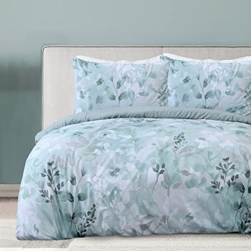 Sleepdown Botanical Leaves Floral Green Reversible Duvet Cover Quilt Pillow Cases Bedding Set Soft Easy Care - King (230cm x 220cm)