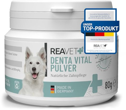 ReaVET Denta Vital Zahnpflege Pulver Hund & Katzen 80g - Zahnsteinentferner, Mittel gegen Zahnstein Hund Katze I Gegen Mundgeruch bei Hunden, Zahnpflege Katzen