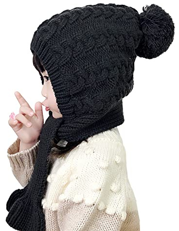 Cagoule Enfant Garcon Fille 2-8 Ans Chapeau d'hiver Tricotée 2 en 1 Bonnet Tour de Cou Polaire épais avec Pompon Mignon Balaclava Cagoule Molleton Doux Capuche Chaud pour Ski Cyclisme Vélo Moto Surf