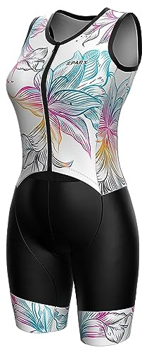 Sparx Women's Triathlon Suit One Piece Sleeveless Full Zipper Tri Suit Quick Drying Running Swimming Cycling (White Floral, XL)