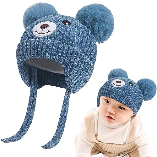 Söt björn barn vinter fleece fodrad stickad mössa med öronklaffar dubbel pom-pom chenille lurvig mössa öronlapp varm mössa hatt med rem kallt väder varm mössa för 1-5 år spädbarn småbarn pojkar