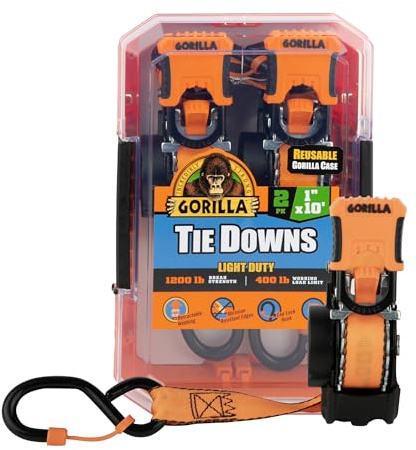 Gorilla Ratchet Tie Down Straps (2Pack) 1in x 10ft 1200lb Break Strength, Self-Locking Retractable, Heavy-Duty Orange Webbing, Gorilla-Grip Handles, Cap Locks, E-Coated Ratchets, Vinyl Hooks for Cargo