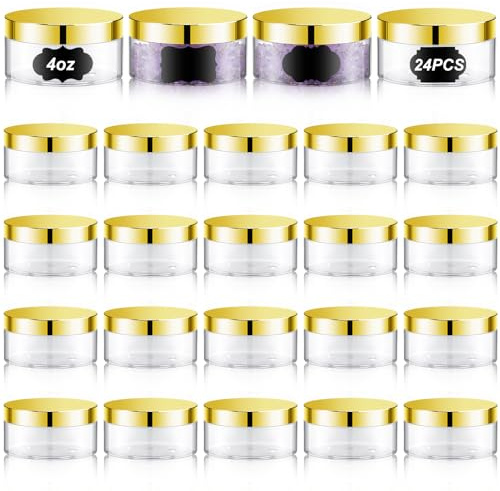Dandat 24 Pcs 4 oz Plastic Jar Container with Lid and Label Refillable Empty Round Clear with Gold PET Cosmetic Sample Slime Containers for Lotion, Cream, Ointments, Body Butter, Makeup Travel Storage