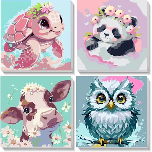 4 Pack Animal Paint by Numbers for Children with Wooden Frame-Turtle Owl Cow Panda Paint by Numbers Kids Ages 4-8-12,DIY Painting by Numbers for Kids Acrylic Oil Canvas for Home Wall Decor(8X8inch)