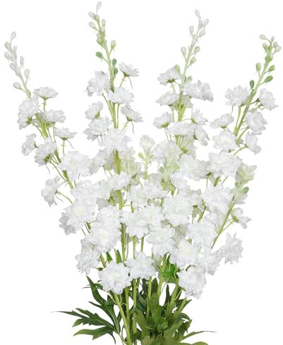 TOCHGREEN 4PCS Delphinium Artificial Flowers White Larkspur Artificial Flowers 33.5'' Long Stem Plant Faux Floral Silk Flowers Fake Flowers with Stems for Home Garden Vase Wedding Arrangement Decor
