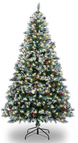 Albero di Natale Artificiale, 6ft/180cm alberi di Natale con 1000 punte, Bacche Rosse, 200 Luci, Decorazione di Festival di Vacanza Indoor