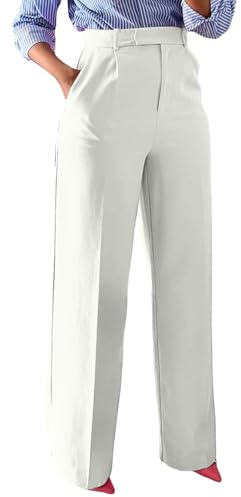 Unybwonn Pantalones de Vestir de Pierna Ancha para Mujer, Cintura Alta, Pierna Recta, Pantalones de Trabajo, Pantalones Casuales con Botones, Blanco, Large
