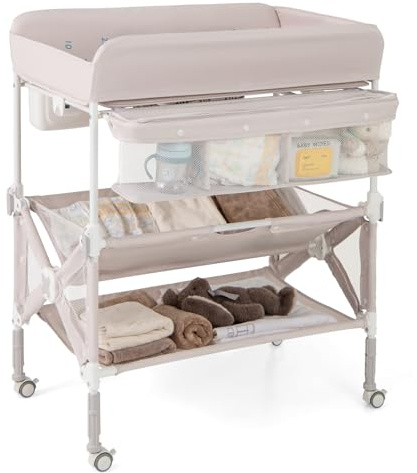 BABY JOY Portable Baby Changing Table, Foldable Waterproof Diaper Changing Station w/Wheels, Adjustable Height, Storage Basket, Shelves & Trash Bin, Mobile Nursery Organizer for Newborn Infant, Beige
