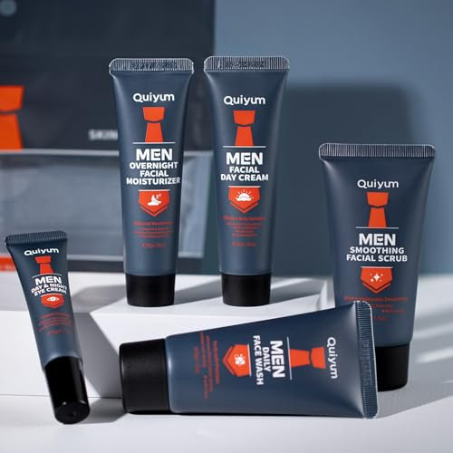QUIYUM Set Cura Della Pelle del Viso Uomo,5 pezzi Kit Skincare Viso Completo, con Detergente per il viso, Macchia, Crema Contorno Occhi, Crema Idratante,Adatto come regalo per padre, marito, fidanzato