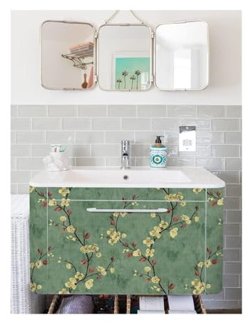 Papier peint autocollant motif Le fond vert, Couleur or fleur, Rouge feuille, Papiers peints, auto-adhésif, vinyle, revêtement mural, imperméable, film adhésif pour meubles, mur 55(17x78 in 44x200 cm)