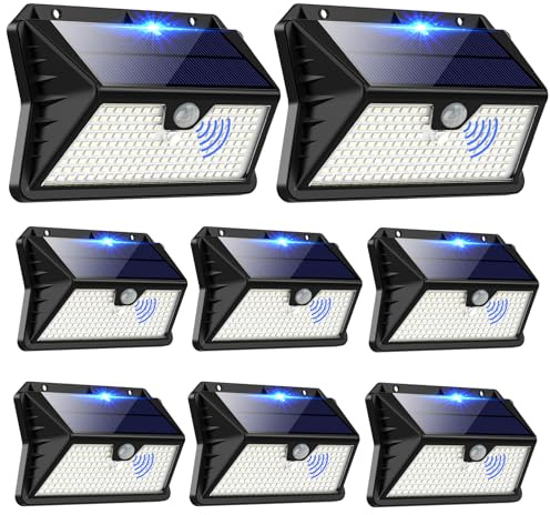 OUILA Solar Lights for Outdoor Wall [Pack of 8], 185 LED, 3 Modes, Solar Outdoor Light with Motion Sensor, IP65 Waterproof LED Solar Wall Light, for Garden, Yard, Fence Lighting, Front Doors (Cool