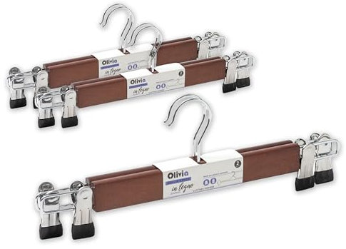 IPEA Grucce per Pantaloni in Legno Scuro - Design Elegante - Set da 6 Unità - 23 cm - Appendiabiti Salvaspazio con Clip in Acciaio Inox per Appendere Jeans, Gonne, Accessori in Armadi e Guardaroba