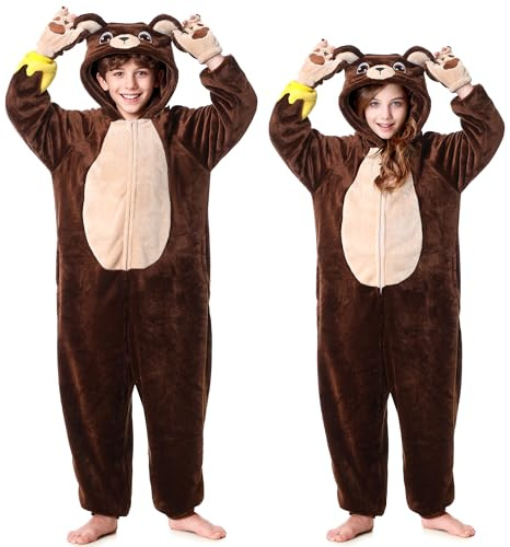 Hislovy Déguisement Animal Enfant Combinaison : Vache, Raton‑Laveur, Ours Gants & Clochette, Cosplay Halloween Carnaval