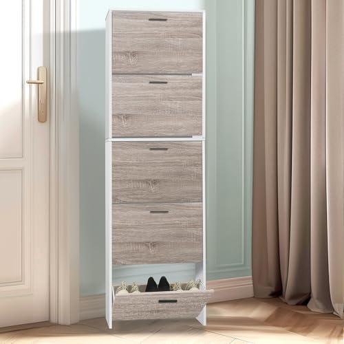CASABEL, Mueble de Almacenamiento para Zapatos, 15 Pares, Gran Capacidad, Ideal para la Entrada, 60 x 17 x 180 cm, Puertas de Madera Clara, Marco Blanco