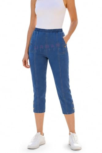 URBAN STITCH Cropped Jeans for Women UK Ladies Capri Plus Size Shorts Denim Cotton Summer Trouser Three Quarter 3/4 Length Pull On Cut Off High Waist (16, Denim)