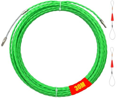Kabeldragningshjälp, 30 m polyester indragningstråd, 4 mm indragningsspiral dragtrådsdiameter, kabelindragning indragningshjälp, indragningsband med 2 styrfjädrar, dragtråd indragningsspiral, för