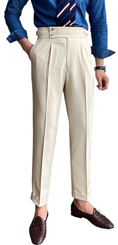 Pantaloni da Uomo a Vita Alta, Casual, Business, Dritti, Larghi, Elastici, plissettati, retrò, Slim, alla Moda, con Bottoni