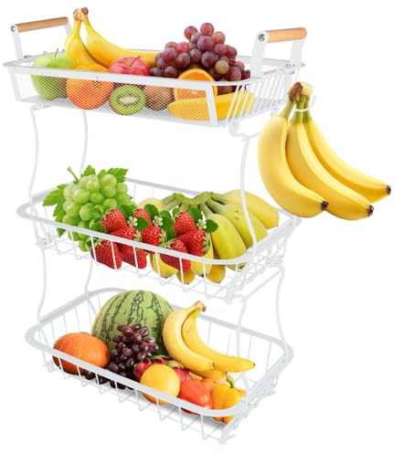 Corbeille à Fruits à 2 étages avec cintres Bananes,Corbeille à Fruits et légumes pour comptoir de Cuisine,Panier de Rangement en Fil métallique Support pour Pain collations (37*22*55.5cm-Blanc)