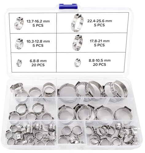 Lyeteung 60 Piezas 6 Tamaños 6.8-25.6 mm Juego de Abrazaderas de Manguera Ajustables, Juego de Abrazaderas de Manguera de Acero Inoxidable, para Asegurar Mangueras de Tubería y Uso Automotriz