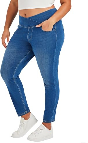 LaiEr Jeans Skinny V Croisés à Taille Haute avec Contrôle de l'abdomen pour Femmes,Leggings de Fitness Décontractés,élasticité Souple,Imprimé Faux Denim avec Poches Latérales