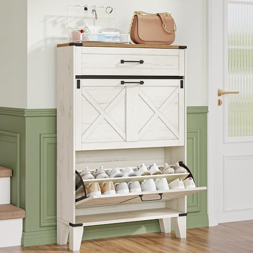 Hzuaneri Schuhschrank mit 2 Klappen, Schuhregal Schuhkipper Schmal, 1 Große Schublade, Verstellbar, 16 Paar, Schuhaufbewahrung für Eingang, Flur, Garderobe, 24 x 76 x 117 cm, Braun und Weiß SR59014X