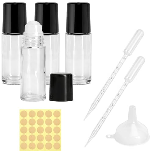 GZRXIOUS 4 stycken 30 ml rulle på glasflaskor för eterisk olja, påfyllningsbar | Roll on flaska tom, gjord av glas, med rollerball, deoroller för fyllning, droppare, dekal, tratt för aromaterapi, parfym