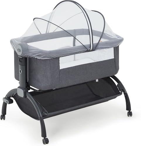 Garvee Beistellbett Baby, 3-in-1 Babybett Reisebett Stubenwagen, Höhenverstellbares Kinderbett mit Matratze, Moskitonetz & Ablagekorb, Beistellbettchen für Neugeborene, Dunkelgrau