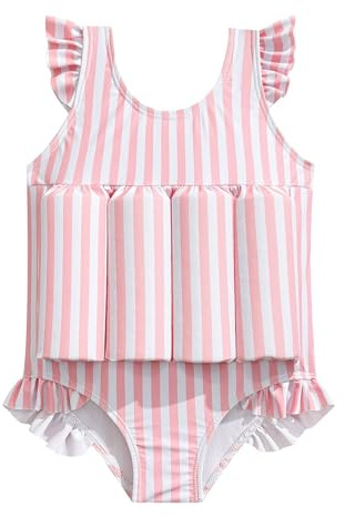 IDOPIP Toddler Girls Striped Floatation Swimsuit Baby Float Suit Swim Vest with Built-in Buoyancy Floaties One Piece Bathing Suit for Kids Floating Swimwear Ruffle Beachwear Pink Striped 4 Years