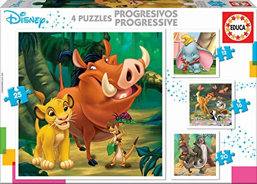Educa - Animaux Disney | 4 Puzzles Enfant Progressifs, 12/16/20/25 pièces | Recommandé à partir de 3 Ans (18104)