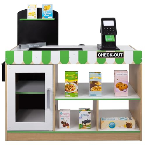 WOOMAX - Supermercato Giocattolo Legno con Accessori, Negozio Contatore Giocattolo Luce e Suoni, Registratore di Cassa Giocattoli, Lavagna Bambini Giocattoli Bambini 3 Anni Educativo, 85386