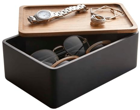 YAMAZAKI 5166 RIN Aufbewahrungsbox für Accessoires, schwarz, Polystone/Holz, minimalistisch, 18.5 x 12.5 x 7 cm