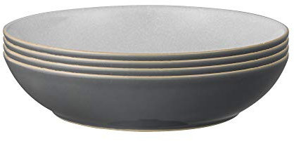 Denby - Elements Fossil Grey Pasta Bowls Set of 4 - Dishwasher Microwave Safe Crockery 1050ml 22cm - Dark Grey, White Ceramic Stoneware Tableware - Chip & Crack Resistant