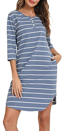 Vlazom 3/4 Ärmel Nachthemd V-Ausschnitt Damen Nachthemd mit Zwei Knöpfe Baumwolle Streifen Schlafhemd Damen Nachtwäsche mit Taschen(M,Stil A-Hellblau)