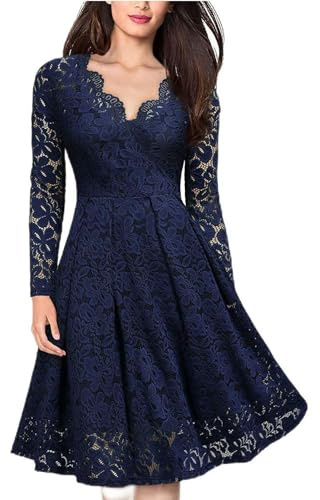 WEITING Vestido de Fiesta cóctel de Fiesta, Manga Larga, Cuello en V, Fino y Elegante, de Encaje, para Mujer-Azul Marino-S