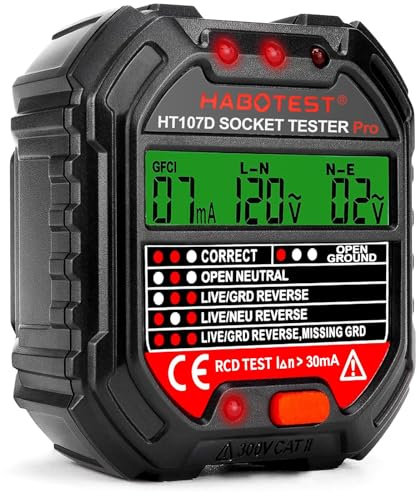 MINSHUXI Tester di presa con test RCD e display LCD voltaggio Fi, tester di tensione e alimentazione, 6 tipi di diagnosi di errore 48-250 V