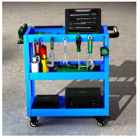 MZZKFC Garage Rolling Tool Trolley, Steel Blue Tool Storage Cart with Handle/ 6 Hooks & 4 360° Swivel Casters, Mechanic Cart for Electrician/Plumber/Teacher