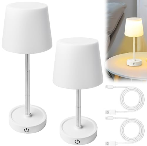 BAIFULAI - Juego de 2 lámparas de mesa LED recargables por USB, lámpara de mesa telescópica regulable en altura, luz amarilla cálida, lámpara de noche táctil inalámbrica para mesita de noche