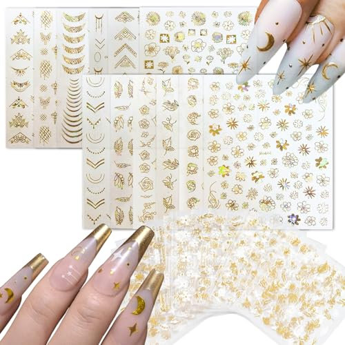 KEYRI 40 Feuilles Autocollant Ongle Dorés Stickers Ongles Fleurs Plantes Papillons Fournitures pour Ongles Accessoires de Décoration Délicats pour Nail Art et Bricolage (Différentes Formes)